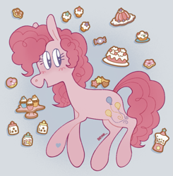 Size: 1267x1291 | Tagged: safe, artist:beyhr, imported from derpibooru, pinkie pie, earth pony, pony, blush scribble, blushing, cake, candy, cookie, cupcake, donut, female, food, gradient background, jello, mare, open mouth, open smile, signature, smiling, solo