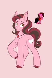 Size: 1366x2048 | Tagged: safe, artist:mscolorsplash, imported from derpibooru, oc, oc only, earth pony, pony, ear piercing, earring, female, jewelry, looking at you, mare, necklace, piercing, pink background, simple background, smiling, smiling at you, solo