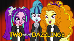 Size: 828x465 | Tagged: safe, artist:chrismc373, imported from derpibooru, adagio dazzle, aria blaze, sonata dusk, human, equestria girls, clothes, microphone, open mouth, open smile, smiling, the dazzlings, tuxedo, two and a half men