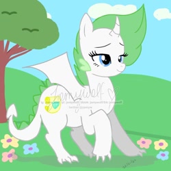 Size: 768x768 | Tagged: safe, artist:jomywolf, imported from derpibooru, oc, oc only, oc:gemlist, dracony, dragon, hybrid, pony, flower, hill, interspecies offspring, lidded eyes, offspring, parent:rarity, parent:spike, parents:sparity, raised hoof, smiling, solo, tree, water