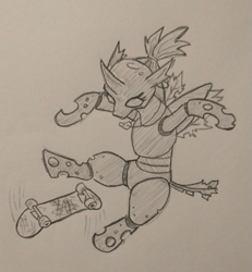 Size: 777x841 | Tagged: safe, artist:jargon scott, imported from derpibooru, oc, oc only, oc:whore bug, changeling, bipedal, changeling oc, female, grayscale, kickflip, monochrome, pencil drawing, skateboard, solo, traditional art