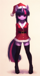 Size: 1084x2048 | Tagged: safe, imported from derpibooru, twilight sparkle, anthro, unicorn, ai content, ai generated, christmas, clothes, costume, generator:bing image creator, hat, holiday, santa costume, santa hat, socks, solo, stockings, thigh highs