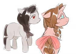 Size: 1280x914 | Tagged: safe, artist:chapaghettii, artist:charlattes, imported from derpibooru, earth pony, pony, unicorn, aerith gainsborough, bow, braid, braided tail, duo, female, final fantasy, final fantasy vii, mare, no pupils, ponified, simple background, sketch, tail, tail bow, tifa lockhart, white background