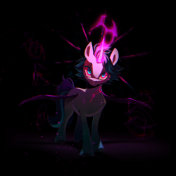 Size: 3200x3200 | Tagged: safe, artist:kraytt-05, imported from derpibooru, oc, oc only, oc:leven, alicorn, bat pony, bat pony alicorn, pony, bat pony oc, bat wings, black background, female, glowing, glowing horn, high res, horn, looking at you, mare, simple background, slit pupils, solo, spread wings, wings