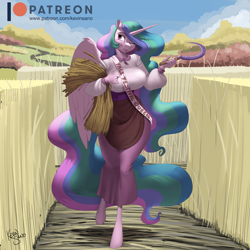 Size: 900x900 | Tagged: safe, artist:kevinsano, imported from derpibooru, princess celestia, alicorn, anthro, unguligrade anthro, :p, breasts, busty princess celestia, female, hair over one eye, hay, hay bale, mare, patreon, patreon logo, poludnica, sash, sickle, solo, tongue out