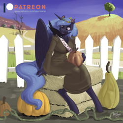 Size: 900x900 | Tagged: safe, artist:kevinsano, imported from derpibooru, princess luna, alicorn, anthro, bird, crow, unguligrade anthro, female, gourd, hay, hay bale, mare, patreon, patreon logo, pumpkin, sash, solo