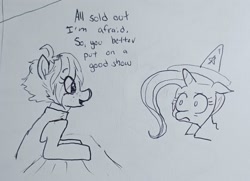 Size: 2000x1450 | Tagged: safe, artist:pony quarantine, imported from derpibooru, trixie, oc, oc:cherry tomatoe, earth pony, pony, unicorn, bust, dialogue, duo, female, floppy ears, frown, grayscale, mare, monochrome, pen drawing, shrunken pupils, traditional art