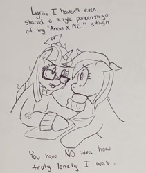 Size: 1553x1842 | Tagged: safe, artist:pony quarantine, imported from derpibooru, lyra heartstrings, moondancer, pony, unicorn, dialogue, duo, female, floppy ears, hoof on chin, looking at each other, looking at someone, mare, pen drawing, traditional art