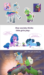 Size: 2560x4311 | Tagged: safe, artist:mythicalartist_, imported from derpibooru, izzy moonbow, pony, unicorn, abstract background, afro puffs, cape, caption, clothes, crying, dialogue, doll, dramatic, dreadlocks, duo, duo male and female, eyes closed, female, filly, filly izzy moonbow, filly misty brightdawn, foal, g5, gray background, high res, intentional spelling error, lying down, madame taffytail, male, mare, misty brightdawn, my little pony: tell your tale, nose piercing, nose ring, open mouth, open smile, outline, piercing, playing, ponified, pregnant, prone, scarf, screencap reference, señor butterscotch, shipping, signature, simple background, sitting, smiling, speech bubble, stallion, straight, taffyscotch, teary eyes, text, tongue out, toy, turned head, unshorn fetlocks, white background, white outline, younger