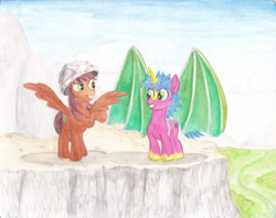 Size: 1280x1012 | Tagged: safe, artist:malte279, imported from derpibooru, oc, oc only, oc:leafhelm, oc:multi purpose, pegasus, pony, unicorn, duo, duo male, flying contraption, grin, helmet, horn, looking at each other, looking at someone, male, pegasus oc, raised hoof, smiling, smiling at each other, spread wings, stallion, traditional art, unicorn oc, watercolor painting, wings