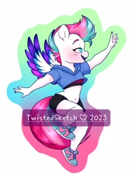 Size: 1631x2160 | Tagged: safe, artist:twisted-sketch, imported from derpibooru, zipp storm, anthro, pegasus, plantigrade anthro, belly button, blushing, clothes, female, g5, hoodie, mare, midriff, outline, shoes, short-sleeved sweater, shorts, simple background, sneakers, solo, sports bra, spread wings, white background, wings