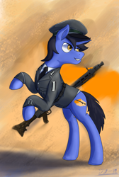 Size: 1446x2153 | Tagged: safe, artist:soursweet cheese, imported from derpibooru, oc, oc only, oc:沙漠一德, pony, unicorn, clothes, mg42, military pony, military uniform, sand, solo, uniform