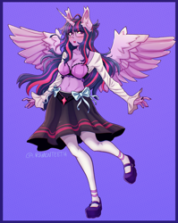 Size: 2030x2549 | Tagged: safe, artist:ramenteeth, imported from derpibooru, twilight sparkle, alicorn, human, belly button, breasts, busty twilight sparkle, cleavage, clothes, ear fluff, eared humanization, eyebrows, eyebrows visible through hair, female, horn, horned humanization, humanized, mary janes, midriff, pony coloring, sharp horn, shoes, skirt, socks, solo, spread wings, stockings, thigh highs, twilight sparkle (alicorn), winged humanization, wings