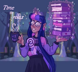 Size: 1440x1331 | Tagged: safe, artist:irisikiki, imported from derpibooru, twilight sparkle, human, book, clothes, elf ears, eyes closed, glasses, grin, horn, horned humanization, humanized, moderate dark skin, mug, smiling, solo, sweater, that pony sure does love books, twilight's castle