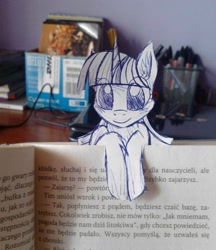 Size: 1200x1386 | Tagged: safe, artist:tay-niko-yanuciq, imported from derpibooru, twilight sparkle, pony, unicorn, book, bookmark, exploitable meme, female, irl, magic, mare, meme, paper twilight, photo, polish, reading, reading rainbow, smiling, solo, traditional art, unicorn twilight