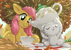 Size: 3508x2480 | Tagged: safe, artist:neoshrek, imported from derpibooru, angel bunny, fluttershy, pegasus, pony, rabbit, animal, autumn, bread, cup, female, food, leaves, male, mare, picnic, tea, teacup, teapot, tree