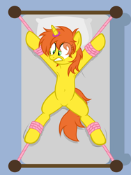 Size: 4371x5805 | Tagged: safe, artist:equestria secret guard, imported from derpibooru, oc, oc only, oc:hazy moon, pony, unicorn, armpits, bdsm, bed, belly button, bondage, eyebrows, featureless crotch, female, frown, helpless, horn, horn ring, jewelry, lying down, magic suppression, on back, on bed, ring, rope, rope bondage, scared, sexy, solo, spread eagle, teeth, tied to bed, tied up, unicorn oc