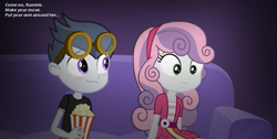 Size: 821x414 | Tagged: safe, artist:lunaticdawn, imported from derpibooru, rumble, sweetie belle, human, equestria girls, blushing, couch, duo, equestria girls-ified, female, food, goggles, goggles on head, male, popcorn, rumbelle, shipping, sitting, smiling, straight, text