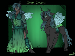 Size: 1280x960 | Tagged: safe, artist:binibean, imported from derpibooru, queen chrysalis, changeling, changeling queen, human, clothes, dress, elf ears, female, humanized, moderate dark skin, name, passepartout, signature, solo