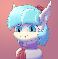 Size: 2147x2200 | Tagged: safe, artist:gosha305, imported from derpibooru, coco pommel, bat pony, earth pony, pony, bat ponified, bust, cheek fluff, chest fluff, clothes, cocobat, cocobetes, cute, ear fluff, ear tufts, fangs, female, flower, flower in hair, fluffy, g4, gradient background, high collar, juice, mare, necktie, race swap, shocked, slit pupils, solo