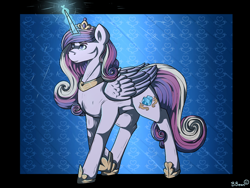 Size: 1280x960 | Tagged: safe, artist:binibean, imported from derpibooru, princess cadance, alicorn, pony, black background, female, glowing, glowing horn, horn, mare, passepartout, patterned background, signature, simple background, solo