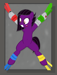 Size: 3442x4548 | Tagged: safe, artist:equestria secret guard, imported from derpibooru, oc, oc only, oc:林官财子, earth pony, pony, unicorn, armpits, bdsm, bed, belly button, bondage, clothes, earth pony oc, featureless crotch, female, frown, gift wrapped, helpless, horn, jewelry, lying down, magic suppression, on back, on bed, paint, scared, sexy, socks, solo, spread eagle, table, teeth, unicorn oc