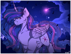 Size: 1280x960 | Tagged: safe, artist:binibean, imported from derpibooru, twilight sparkle, alicorn, pony, the last problem, collarbone, folded wings, night, older, older twilight, older twilight sparkle (alicorn), princess twilight 2.0, shooting star, signature, solo, sternocleidomastoid, twilight sparkle (alicorn), wings