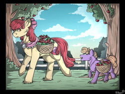 Size: 1280x960 | Tagged: safe, artist:binibean, imported from derpibooru, apple bloom, little mac, earth pony, pony, apple, apple tree, aunt and nephew, basket, clothes, colt, duo, female, foal, food, goldie delicious' shawl, male, mare, older, older apple bloom, shawl, sweet apple acres, tree, walking