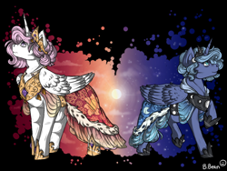 Size: 1280x960 | Tagged: safe, artist:binibean, imported from derpibooru, princess celestia, princess luna, alicorn, pony, cloak, clothes, duo, female, mare, moon, pink-mane celestia, royal sisters, s1 luna, siblings, signature, sisters, sun