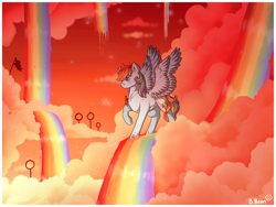 Size: 1280x960 | Tagged: safe, artist:binibean, imported from derpibooru, rainbow dash, pegasus, pony, cloud, face paint, female, mare, on a cloud, rainbow waterfall, raised hoof, signature, solo, spread wings, standing on a cloud, sunset, wings