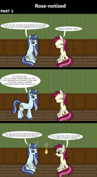 Size: 1920x3516 | Tagged: safe, artist:platinumdrop, imported from derpibooru, roseluck, oc, oc:spiral swirl, earth pony, pony, unicorn, comic:rose-notized, 3 panel comic, comic, commission, dialogue, duo, female, magic, mare, sitting, speech bubble, telekinesis, watch