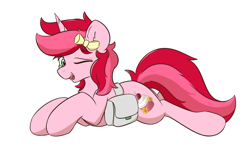 Size: 2160x1335 | Tagged: safe, artist:hcl, imported from derpibooru, oc, oc only, oc:sugar rosa, pony, unicorn, bag, bow, chest fluff, eyebrows, eyebrows visible through hair, hair bow, looking at you, lying down, one eye closed, open mouth, open smile, prone, saddle bag, simple background, smiling, white background, wink, winking at you