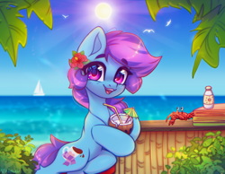 Size: 4000x3100 | Tagged: safe, alternate version, artist:radioaxi, imported from derpibooru, oc, oc only, oc:nohra, crab, earth pony, pony, beach, coconut cup, commission, crepuscular rays, earth pony oc, eyebrows, eyebrows visible through hair, female, flower, flower in hair, high res, hoof hold, looking at you, mare, ocean, open mouth, open smile, outdoors, sky, smiling, smiling at you, solo, summer, sun, water, ych result
