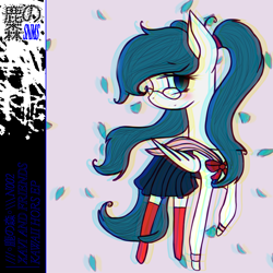 Size: 1500x1500 | Tagged: dead source, safe, artist:lovelydreams14, imported from derpibooru, oc, oc only, oc:xavi, pegasus, pony, abstract background, album cover, blushing, chromatic aberration, clothes, glasses, leaves, looking at you, pigtails, raised hoof, sailor uniform, socks, solo, stockings, thigh highs, twintails, uniform