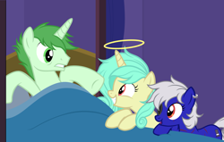 Size: 5318x3391 | Tagged: safe, artist:equestria secret guard, imported from derpibooru, surprise, oc, oc only, oc:miss yin, oc:nihaicreeper, oc:seven sister, oc:银小姐, earth pony, pony, unicorn, bed, bedroom, earth pony oc, female, g1, horn, male, mare, on bed, pony oc, stallion, unicorn oc