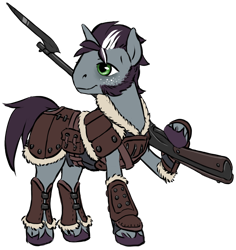 Size: 884x935 | Tagged: safe, artist:multiverseequine, derpibooru exclusive, imported from derpibooru, oc, oc only, oc:okeanos, pony, unicorn, armor, bag, bayonet, clothes, daybreak island, freckles, full body, gun, horn, leather, leather armor, male, quadrupedal, rifle, saddle bag, sideburns, simple background, solo, stallion, transparent background, two toned mane, unicorn oc, unshorn fetlocks, weapon