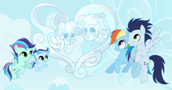 Size: 1024x536 | Tagged: safe, artist:velveagicsentryyt, imported from derpibooru, rainbow dash, soarin', oc, oc:prisdale, oc:rainbow blitzes, pony, cloud, female, filly, foal, male, offspring, parent:rainbow dash, parent:soarin', parents:soarindash, ship:soarindash, shipping, straight