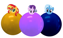 Size: 1194x720 | Tagged: safe, artist:marybethemberjoy49-1, imported from derpibooru, starlight glimmer, sunset shimmer, trixie, unicorn, balloon, cute, female, females only, simple background, white background