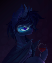Size: 2500x3000 | Tagged: safe, artist:anastas, imported from derpibooru, oc, oc only, bat pony, hybrid, blue coat, blue mane, bust, claws, commission, glass, glowing, glowing eyes, horns, looking at you, portrait, simple background, smiling, solo, stripes, wine glass, wings