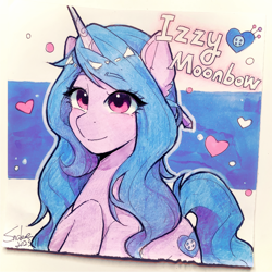 Size: 2448x2448 | Tagged: safe, artist:xiaowu07, imported from derpibooru, izzy moonbow, pony, unicorn, cute, female, g5, looking at you, mare, smiling, solo, traditional art