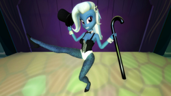 Size: 1920x1080 | Tagged: safe, artist:oatmeal!, imported from derpibooru, trixie, human, equestria girls, 3d, bare shoulders, breasts, cane, canterlot high, cleavage, clothes, dancing, fishnets, gmod, hat, high heels, legs in air, looking at you, performance, shoes, solo, spotlight, stage, tap dancing, top hat, vest