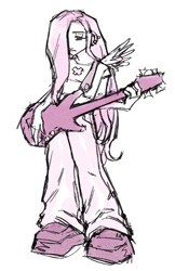 Size: 643x994 | Tagged: safe, artist:fluttershyes, imported from derpibooru, fluttershy, human, electric guitar, guitar, hair over one eye, humanized, musical instrument, simple background, solo, white background, winged humanization, wings