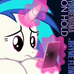 Size: 1080x1080 | Tagged: safe, artist:krazy3, imported from derpibooru, dj pon-3, vinyl scratch, pony, unicorn, cellphone, close-up, female, g4, glowing, glowing horn, hooves on the table, horn, implied octavia, levitation, magic, mare, phone, sad, simple background, smartphone, solo, song cover, telekinesis, vector