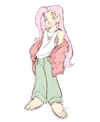 Size: 640x781 | Tagged: safe, artist:fluttershyes, imported from derpibooru, fluttershy, human, clothes, g4, hoodie, humanized, long hair, male, simple background, tanktop, trans male, transgender, transmasculine, white background