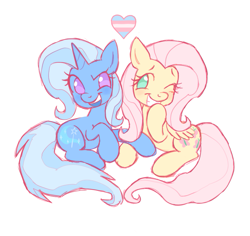 Size: 995x940 | Tagged: safe, artist:fluttershyes, imported from derpibooru, fluttershy, trixie, pegasus, pony, unicorn, duo, female, g4, lesbian, pride, pride flag, shipping, simple background, t4t, trans female, trans trixie, transgender, transgender pride flag, trixieshy, white background