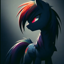 Size: 1024x1024 | Tagged: prompter needed, safe, imported from derpibooru, rainbow dash, pegasus, pony, undead, vampire, vampony, ai content, ai generated, angry, front view, g4, generator:dall-e 3, light, multicolored hair, rainbow hair, red eyes, simple background