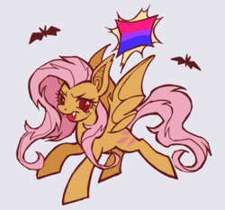 Size: 1057x986 | Tagged: safe, artist:fluttershyes, imported from derpibooru, fluttershy, bat pony, pony, bat ponified, bisexual, bisexual pride flag, bisexuality, flutterbat, g4, pride, pride flag, race swap, simple background, solo