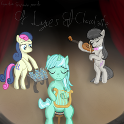 Size: 600x600 | Tagged: safe, artist:zorg, imported from derpibooru, bon bon, lyra heartstrings, octavia melody, sweetie drops, earth pony, pony, unicorn, 2011, album cover, bipedal, eyes closed, female, g4, glass harp, lyre, mare, musical instrument, sad, sitting, stage, violin