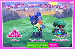 Size: 1958x1302 | Tagged: safe, imported from derpibooru, princess luna, alicorn, pony, advertisement, bag, bush, clothes, english, female, folded wings, gameloft, gem, horn, lilypad, mare, mobile game, my little pony: magic princess, numbers, official, ponytail, sale, shirt, solo, solo focus, text, tree, wings