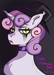 Size: 700x980 | Tagged: safe, artist:nosferatucami_, imported from derpibooru, sweetie belle, pony, undead, unicorn, vampire, vampony, blood, chest fluff, choker, commission, female, g4, halloween, hat, holiday, makeup, mare, older, older sweetie belle, running makeup, running mascara, solo, ych example, your character here